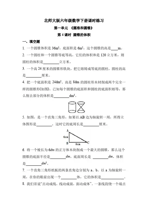 北师大版六年级数学下册 第一单元 第4课时 圆锥的体积(课时练习题)