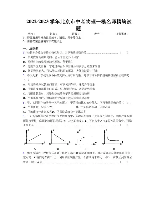 2022-2023学年北京市中考物理一模名师精编试题附解析
