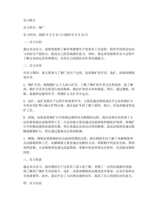 铜厂生产实习报告