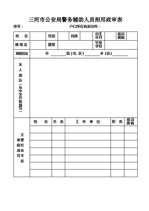 三河公安局警务辅助人员招用政审表