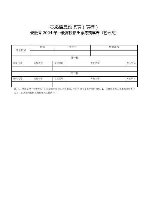 安徽省2024年普通高校招生志愿预填表(艺术类)
