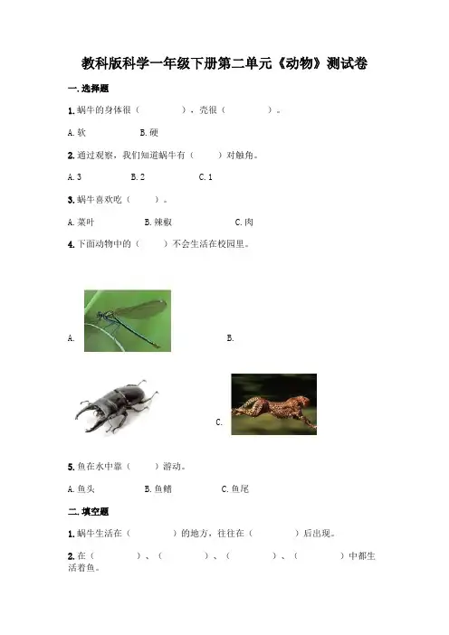 教科版科学一年级下册第二单元《动物》测试卷带答案(黄金题型)