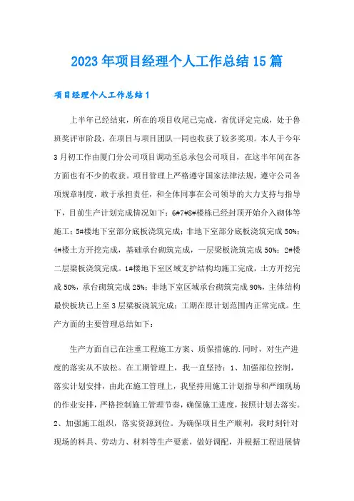 2023年项目经理个人工作总结15篇
