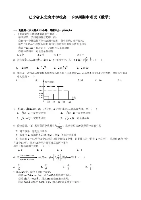 辽宁省东北育才学校高一下学期期中考试(数学).doc