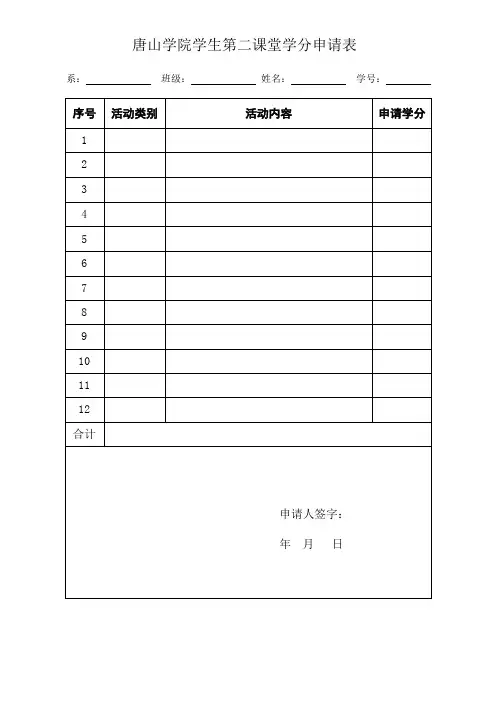 唐山学院学生第二课堂学分申请表
