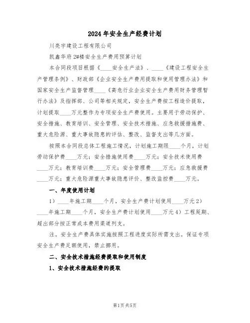 2024年安全生产经费计划(二篇)