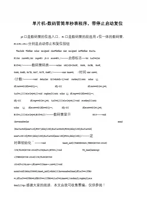 单片机+数码管简单秒表程序,带停止启动复位