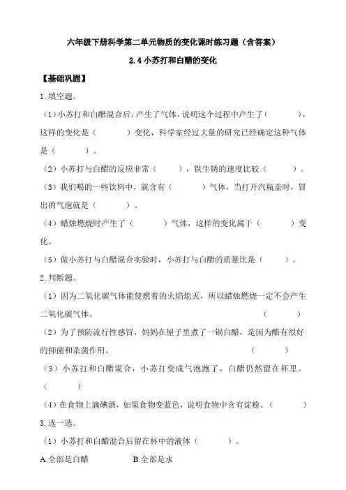 六年级下册科学试题-第二单元2.4小苏打和白醋的变化课时练习题-教科版(含答案)