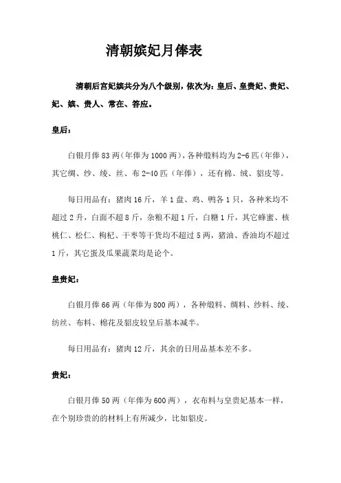 古代嫔妃月俸表