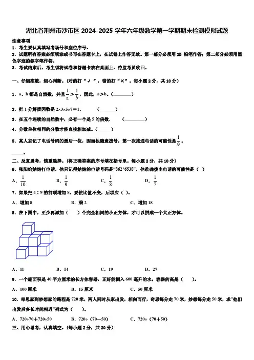 湖北省荆州市沙市区2024-2025学年六年级数学第一学期期末检测模拟试题含解析