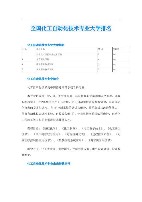 全国化工自动化技术专业大学排名