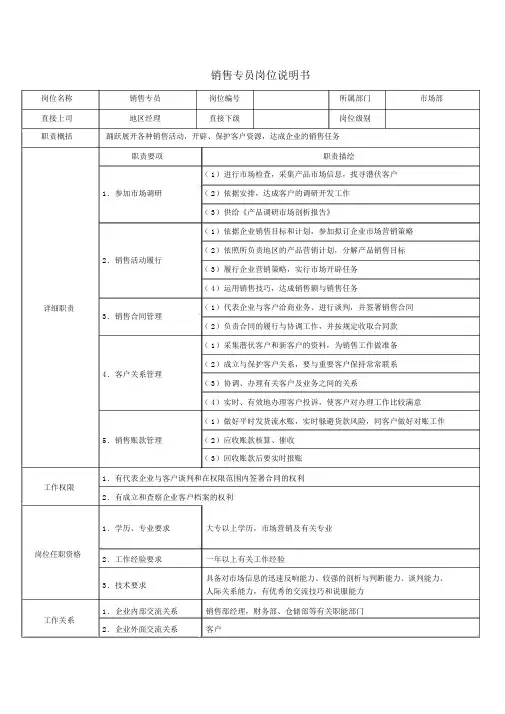 (完整版)销售专员岗位说明书