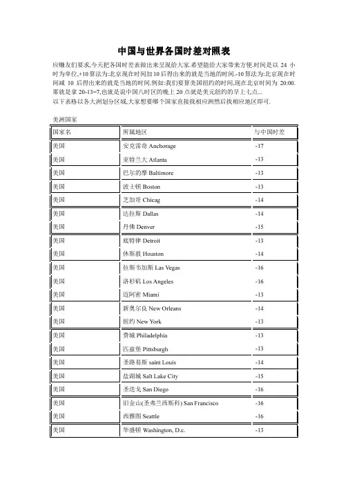 中国与世界各国时差对照表