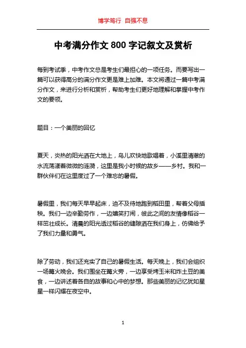 中考满分作文800字记叙文及赏析