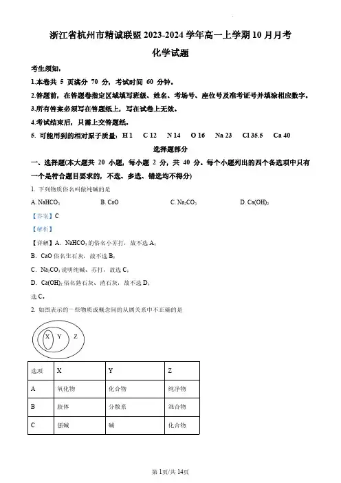 浙江省杭州市精诚联盟2023-2024学年高一上学期10月月考化学试题(解析)