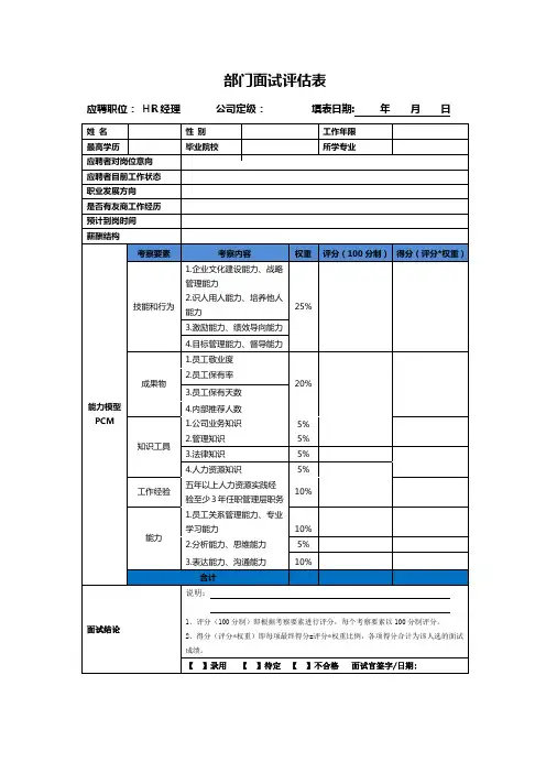HR经理面试评估表