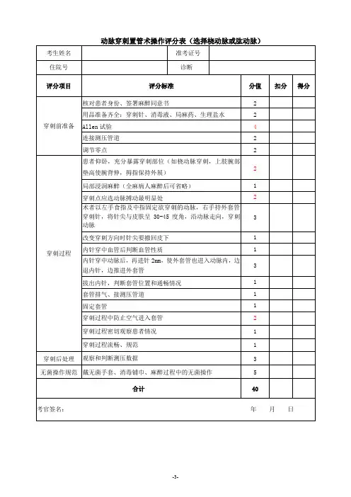动脉穿刺置管术操作评分表