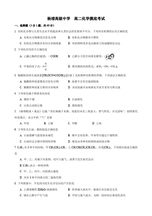 上海市杨浦高级中学2022-2023学年高二上学期摸底考试化学试卷(含答案)