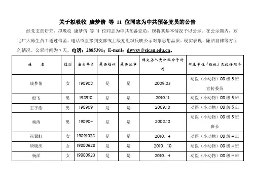 关于拟吸收 康梦倩 等 11 位同志为中共预备党员的公告