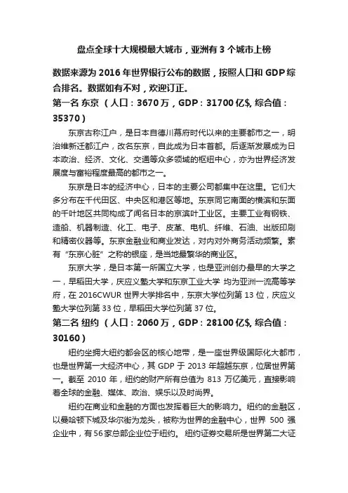 盘点全球十大规模最大城市，亚洲有3个城市上榜