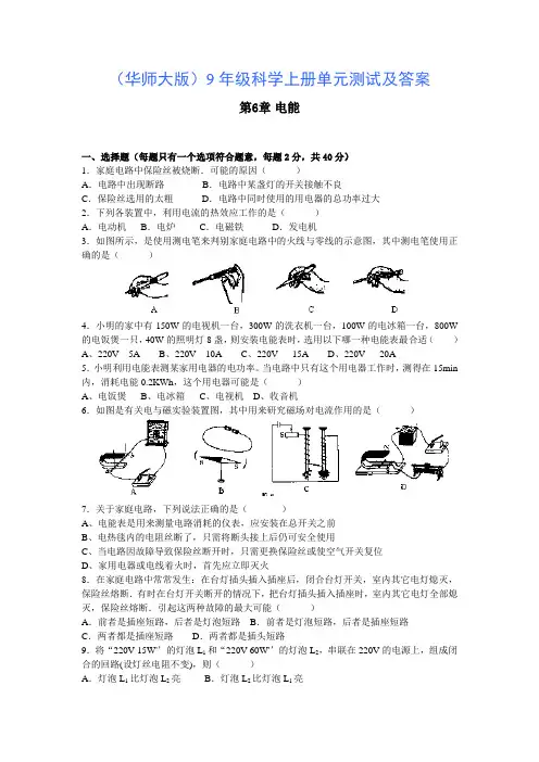 (华师大版)9年级科学上册单元测试及答案——第6章电能
