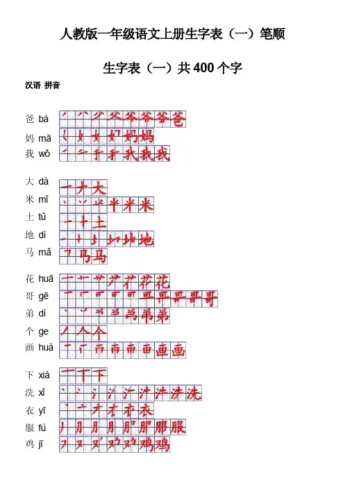 人教版小学一年级语文生字笔顺表(上册)