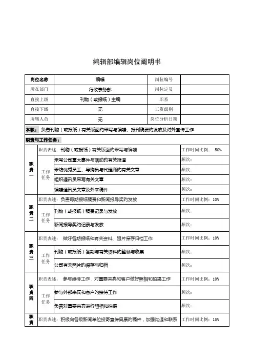 编辑部编辑的岗位专项说明书