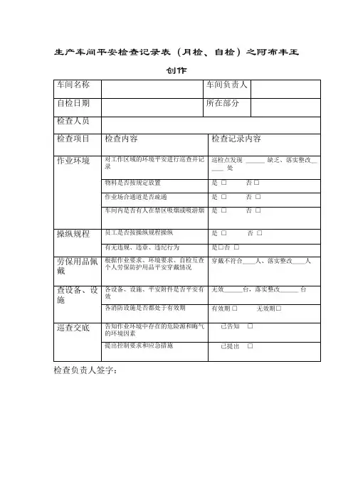 生产车间安全检查记录表