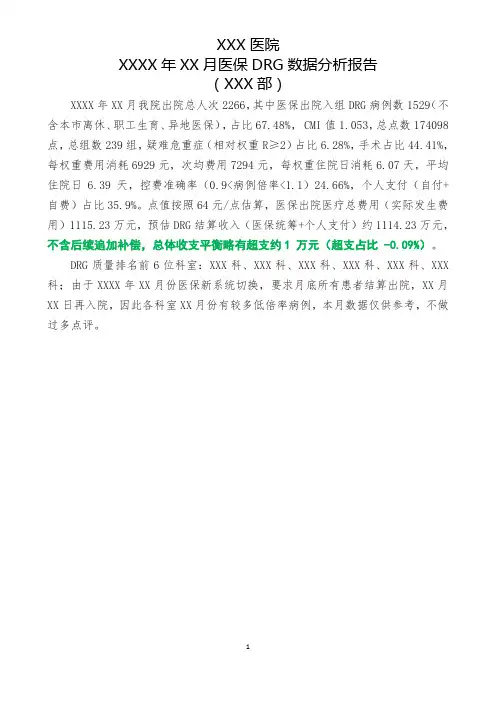 XX年XX月DRG数据分析报告