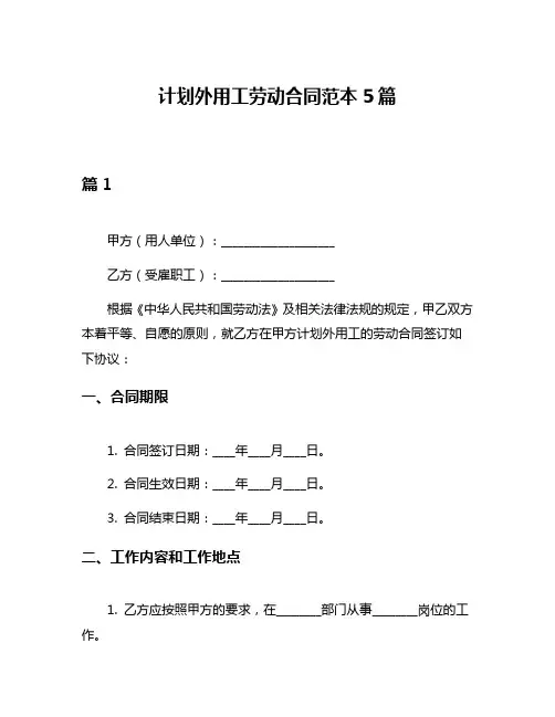 计划外用工劳动合同范本5篇