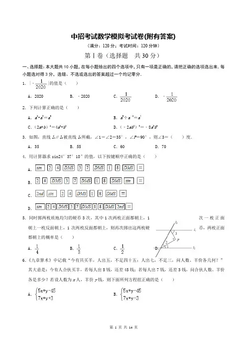 中招考试数学模拟考试卷(附有答案)