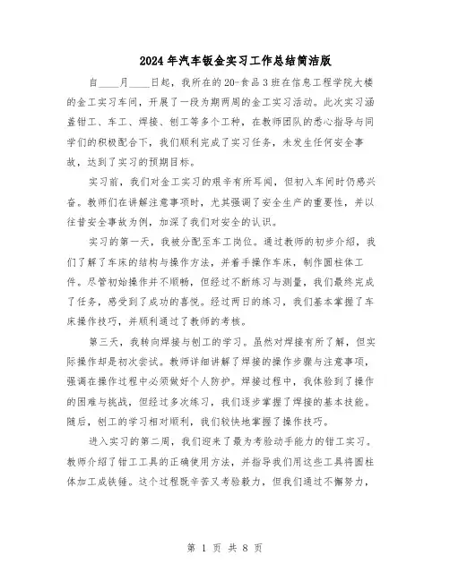 2024年汽车钣金实习工作总结简洁版（5篇）