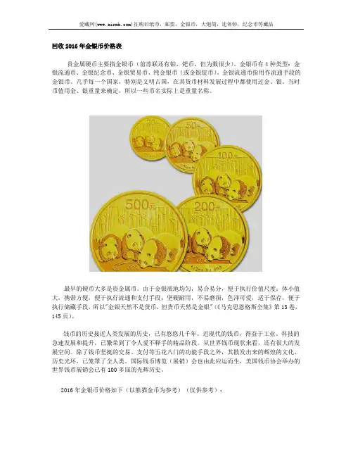 回收2016年金银币价格表