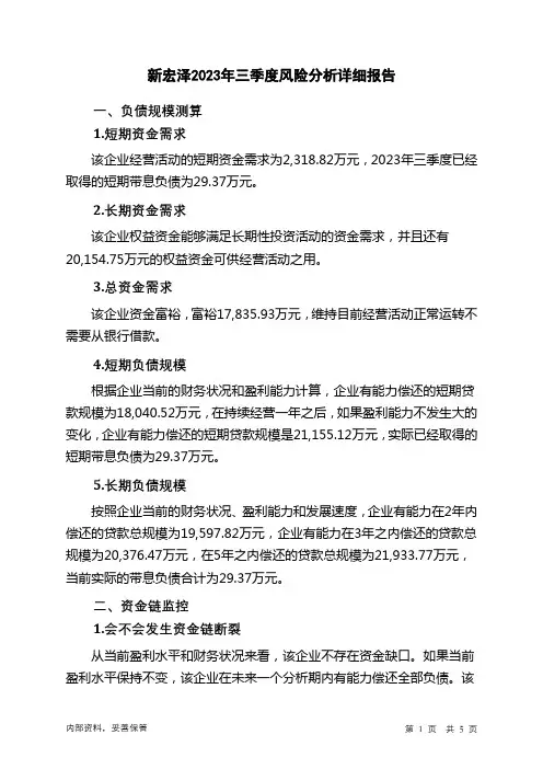 002836新宏泽2023年三季度财务风险分析详细报告