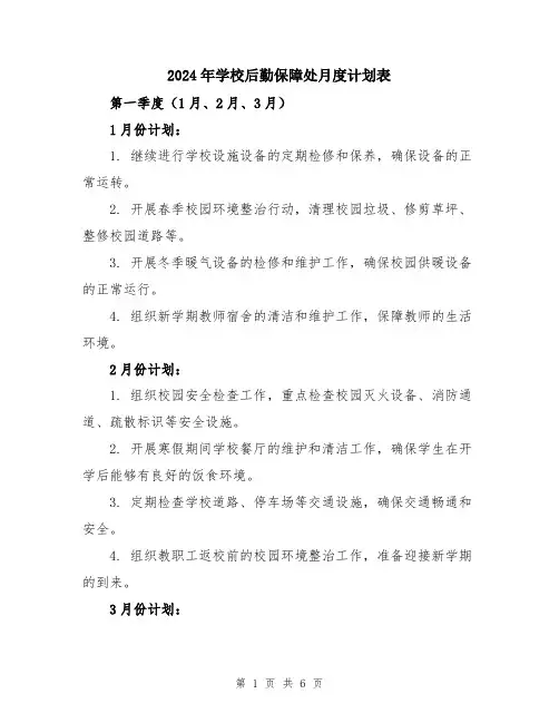 2024年学校后勤保障处月度计划表