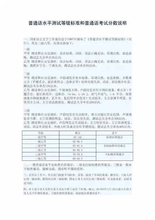 普通话分数等级标准