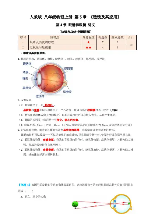 人教版八年级物理上册 5.4眼睛和眼镜(讲义)学生版+解析