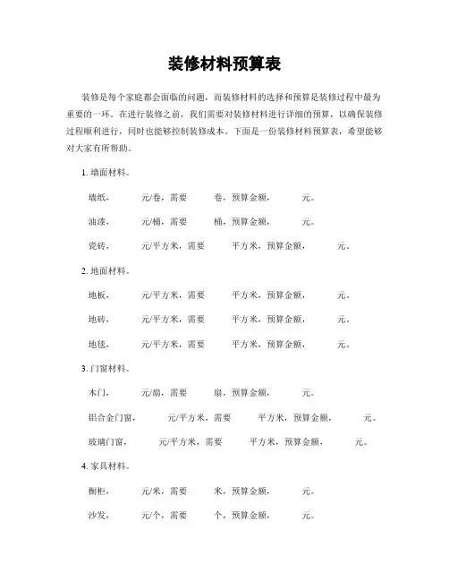 装修材料预算表
