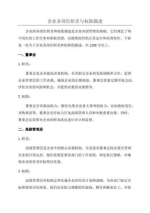 企业各岗位职责与权限描述