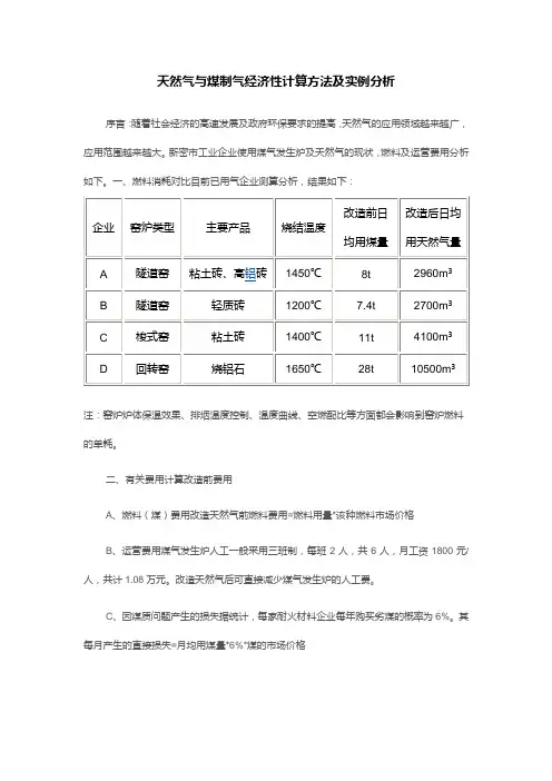 天然气与煤制气经济性计算方法及实例分析