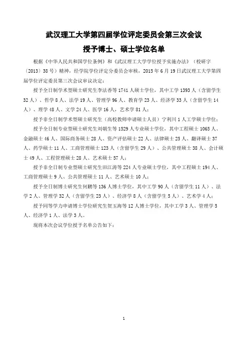 武汉理工大学第四届学位评定委员会第三次会议授予博士、硕士学位名单