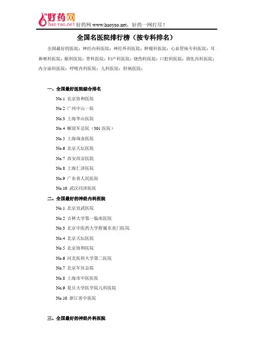 全国名医院排行榜(按专科排名)