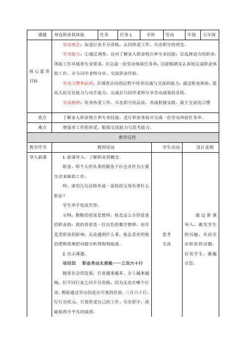 项目四 任务一《身边职业我体验》(教案)浙教版劳动五年级上册1