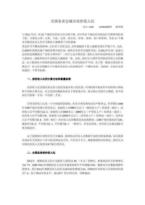 全国各省会城市房价收入比