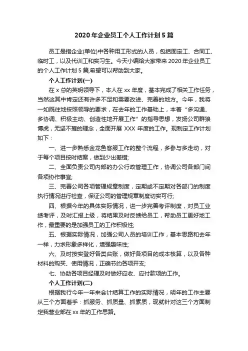 2020年企业员工个人工作计划5篇