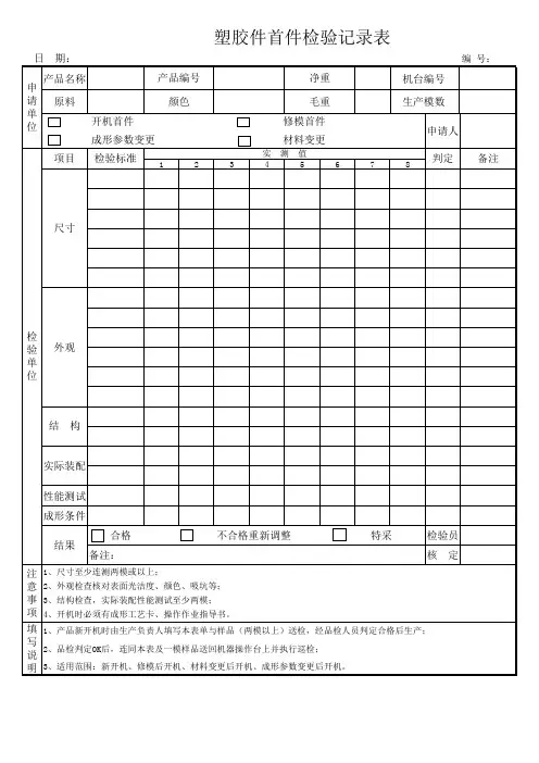 注塑部塑胶件首件检验记录表