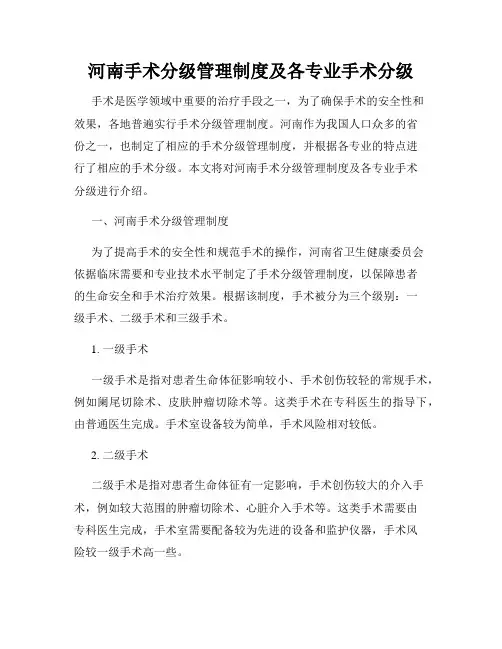 河南手术分级管理制度及各专业手术分级
