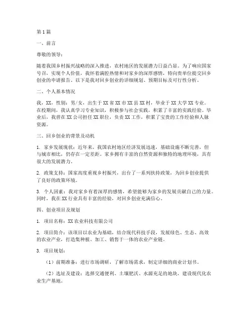 回乡创业的申请报告(3篇)