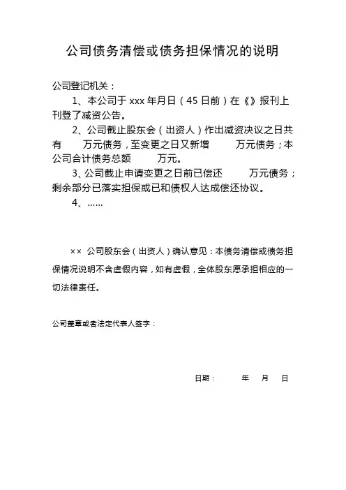 公司减资的债务清偿或债务担保情况的说明