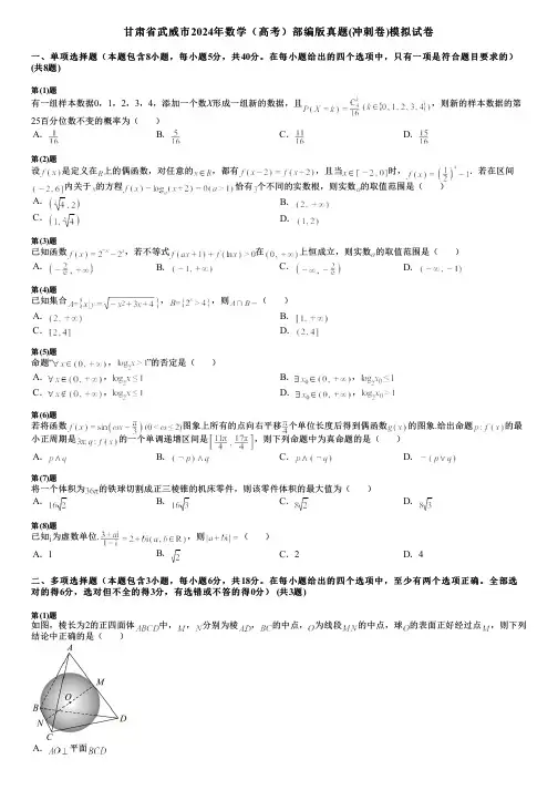 甘肃省武威市2024年数学(高考)部编版真题(冲刺卷)模拟试卷